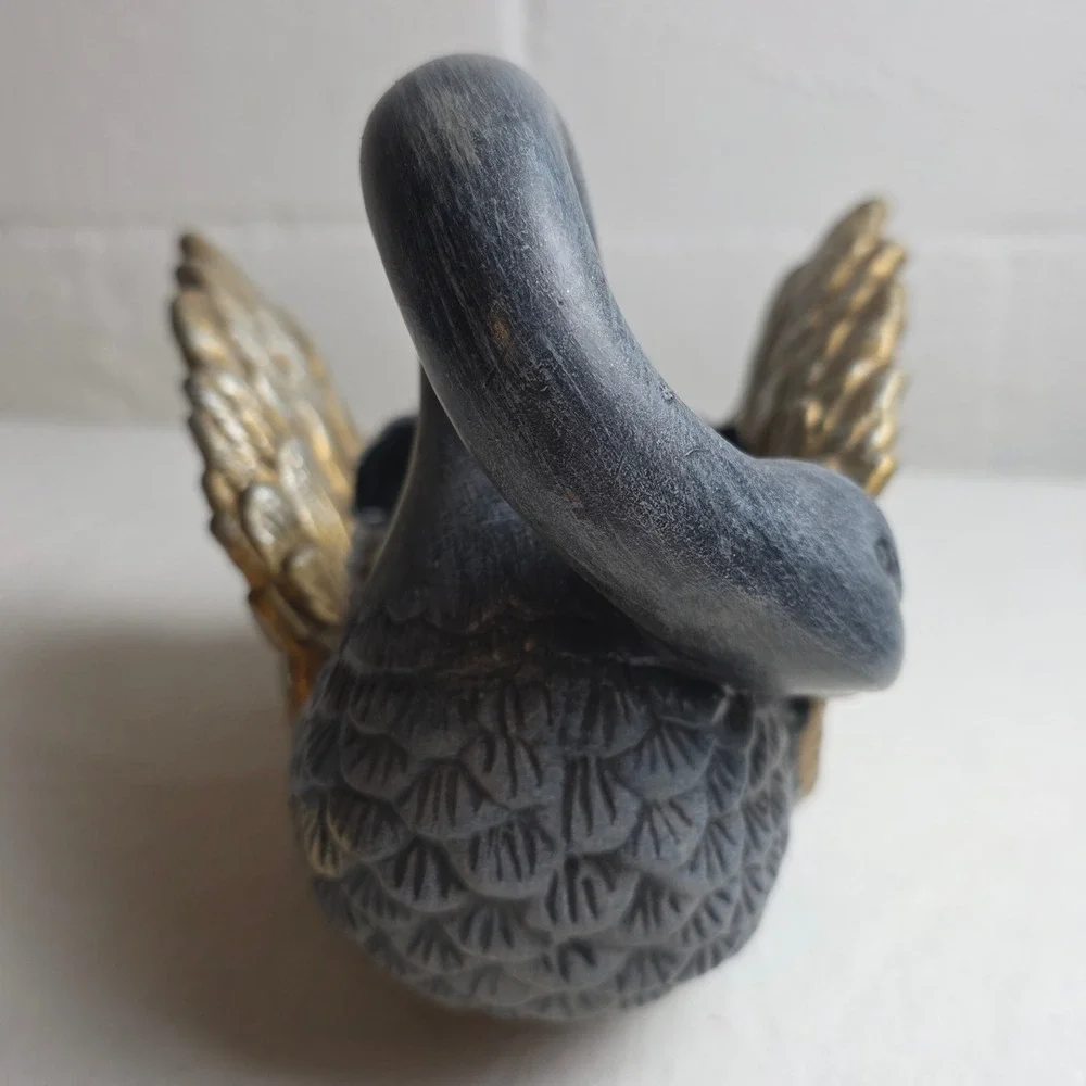Vintage Style Charcoal Grey and Gold Swan Planter Decorative Glam
